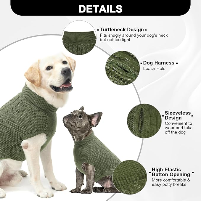 Small Dog Sweater, Classic Cable Knit Warm Dog Sweatshirt with Reflective Yarn for Girl Boy, Halloween Fall Winter Coat Turtleneck Pullover Clothes Apparel for Small Medium Large Dogs, Green S