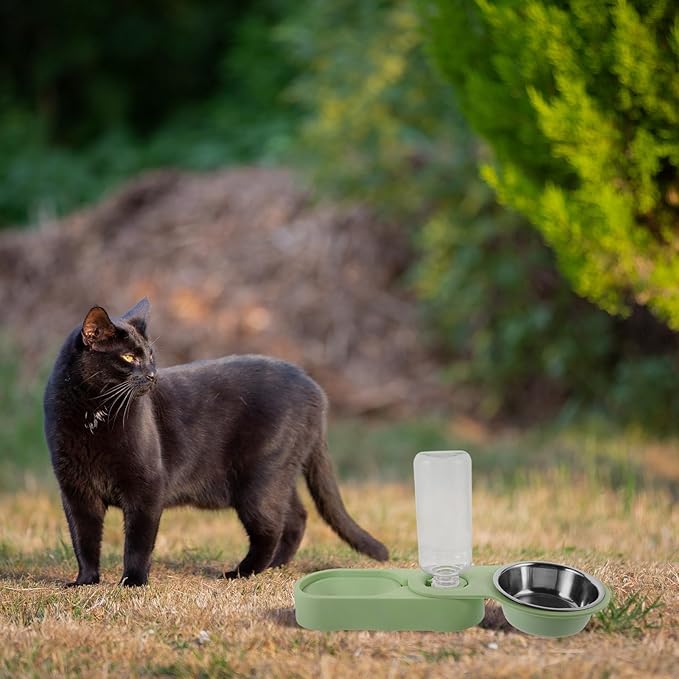 BESTonZON Stainless Steel Cat Food Feeder Double Bowl Detachable Wall Corner Rotatable Foldable Pet Feeding Station with Green Base for Cats