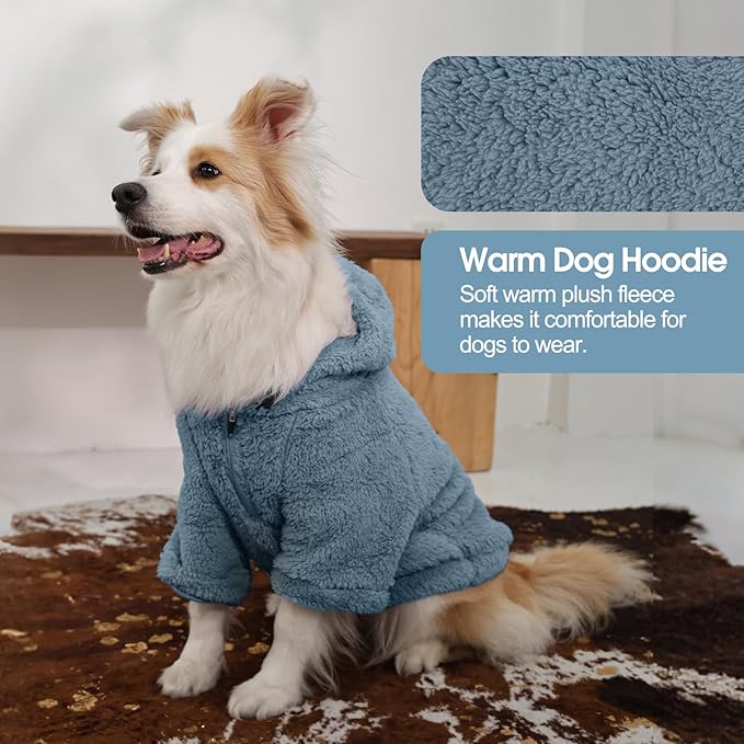 IDOMIK Fuzzy Dog Sweater with Adjustable Hood, Warm Fleece Dog Sweater Hoodie with Harness Hole & Pocket, Pullover Sweaters for Medium Dogs, Fuzzy Hooded Sweatshirt for Fall Winter Christmas,Blue,M