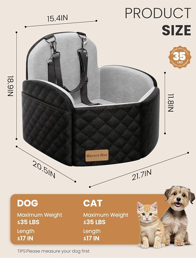 Dog Car Seat for Small/Medium Dogs, Elevated Dog Booster Seat Memory Foam Puppy Car Seat with Washable Cover, Travel Safety Pet Seat for Car with Storage Pockets Up to 35 lbs (Black/Grey)
