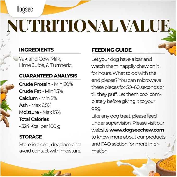 Dogsee Himalayan Yak Chews with Turmeric/Curcumin (XL - 6 Bars, 2lb) | Natural & Long-Lasting | Yak Chews for Large Dogs | Anti-Inflammatory | Supports Oral Hygiene | Rawhide-Free Treats