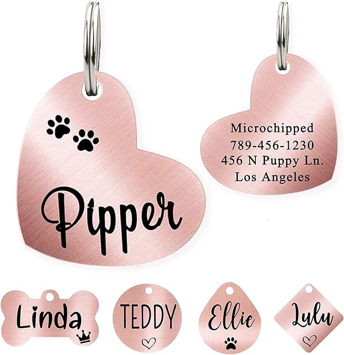 Ultra Joys Dog ID Tag, Custom Dog Tag Personalized Cat Tag, Pet ID Tag, Brushed Stainless Steel Heart Cat Tags Pet Tags Rose Gold Small