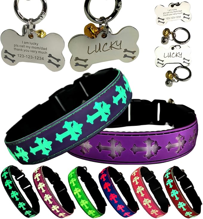 LED Dog Collar with ID Tag Set, Glowing Cross Pattern, Multiple Colors, Silicone Material (Purple, XL(19.7-23.6"))