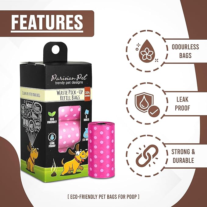 Parisian Pet Ecofriendly Dog Poop Bags Rolls - 160 Count Unscented Poop Bags For Dogs - Leakproof, Extra Thick, 8 Dog Waste Bags Refill Rolls - Polka Dot Pink Doggie Poop Bags - Fits All Dispenser