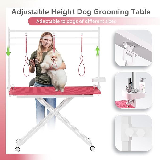VFK 47" Adjustable Dog Grooming Table with Storage Box & Metal Basket Manual Height-Adjustable Pink Pet Grooming Table for Dogs at Home Use, Waterproof Scratch-Resistant Surface, X-Frame Design