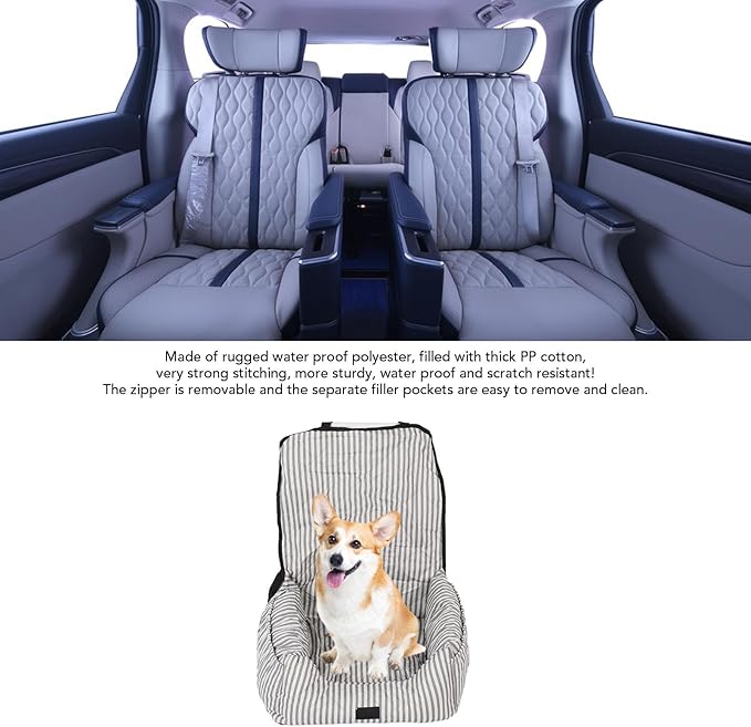 Dog Booster Seat, Portable Detachable Grey White Stripes, Water Proof Polyester and PP Cotton - Secure Adjustable Straps, Easy to Clean, Comfortable Travel for Pets