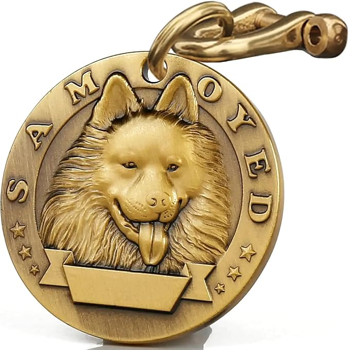 Vintage Pure Copper Pet ID Tags,Personalized Dog Tags,Three-Dimensional Relief Pet Pattern,Lettering on The Front and Back,Custom Pet Tags (B09-Samoyed)
