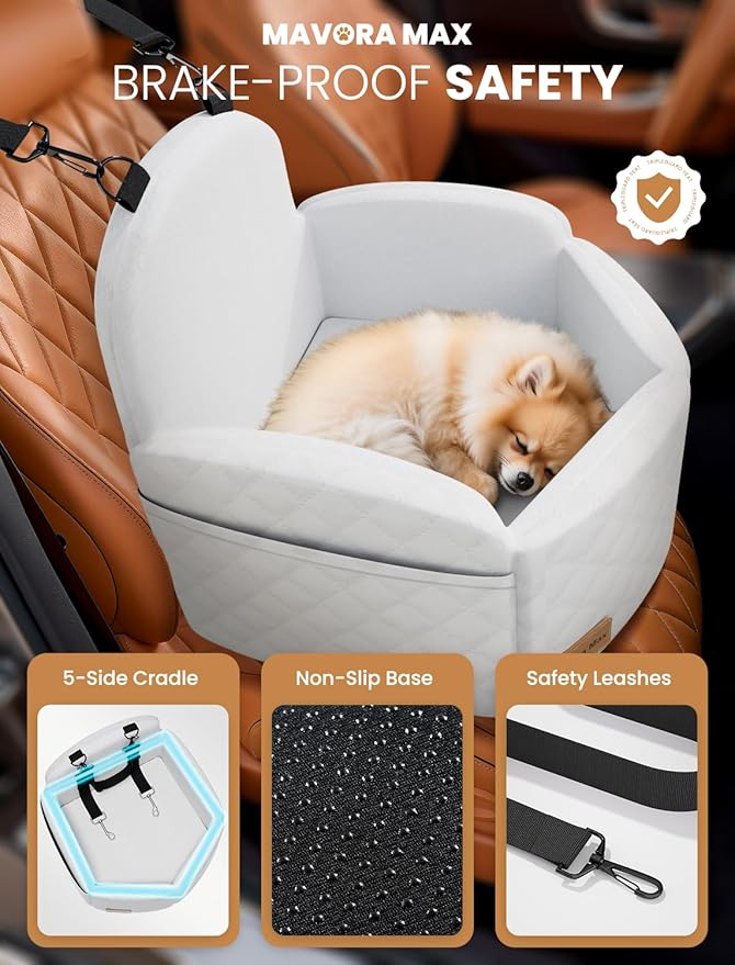 Dog Car Seat for Small/Medium Dogs, Elevated Dog Booster Seat Memory Foam Puppy Car Seat with Washable Cover, Travel Safety Pet Seat for Car with Storage Pockets Up to 35 lbs (White)