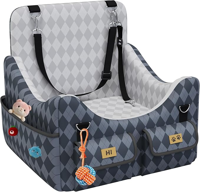 Dog Car Seat for Small/Medium Dogs up to 35lbs, 4-Pocket Storage Memory Foam Dog Booster Seat, Detachable Washable Pet Car Seat with Safety Belt, Outdoor & Indoor Use