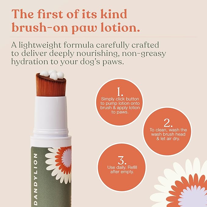 Dandylion Soft Paws Lotion with Brush | Dog Paw Balm & Paw Butter | Hydrating, Vet-Approved, Lick-Safe, Fragrance-Free | pH-Balanced for Itchy, Dry, Cracked Dog Paws | 0.6 fl oz