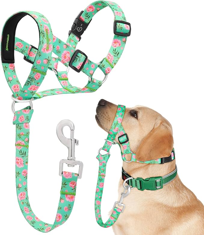 Dog Head Collar, Printed No-Pull Headcollar, Adjustable Dog Head Halter Gentle Lead with Safety Link, 3 Colors Muzzle Leash for Small Medium Large X-Large Dogs Easy Walks (Medium, Peony)