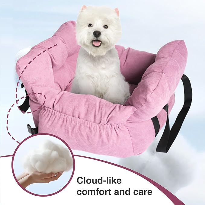 Pet Car Booster Seat for Small Dogs up to 25 lbs with Safety Straps, Storage Pockets, Travel Carrier Bed with Detachable Cover, Machine Washable (Pink)