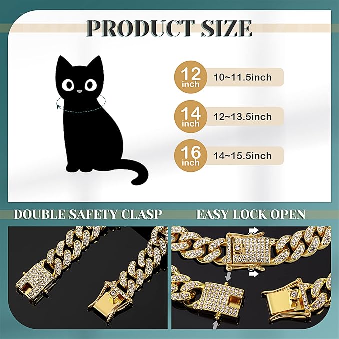 Xuniea 2 Pieces Cat Dog Chain Collar and Sunglasses Set Rhinestone Necklace with Secure Buckle Round Glasses for Doll Cat Dog Pet Accessories(14 Inch,Gold, Black)