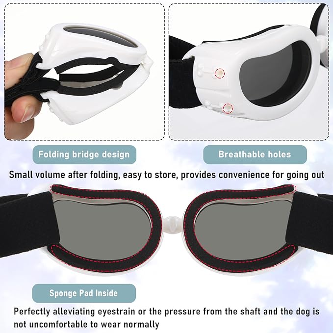 Frienda Dog Helmet and Goggles, UV Protection Doggy Sunglasses and 4 Inch Padded Puppy Motorcycle Helmet Adorable Dog Goggles with Adjustable Belt for Small Dogs Puppy Riding (White,L)