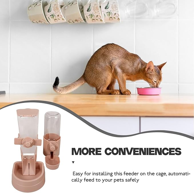 Happyyami 1set Automatic Pet Feeder Water Dispenser for Cats and Dogs Cage Wire Hanging Design Material for Animals Practical Food Water Station