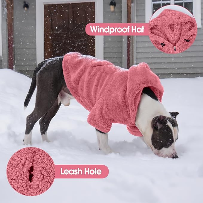 IDOMIK Fuzzy Dog Sweater with Adjustable Hood, Warm Fleece Dog Sweater Hoodie with Harness Hole & Pocket, Pullover Sweaters for Medium Dogs, Fuzzy Hooded Sweatshirt for Fall Winter Christmas,Pink,L