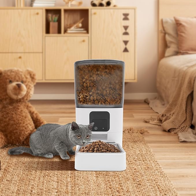 Smart Automatic Pet Feeder, 6L APP Controlled Pet Food Dispenser with Dual Power & Stainless Steel Bowl, for Cats Dogs, Programmable Timed Dog Cat Feeder, White