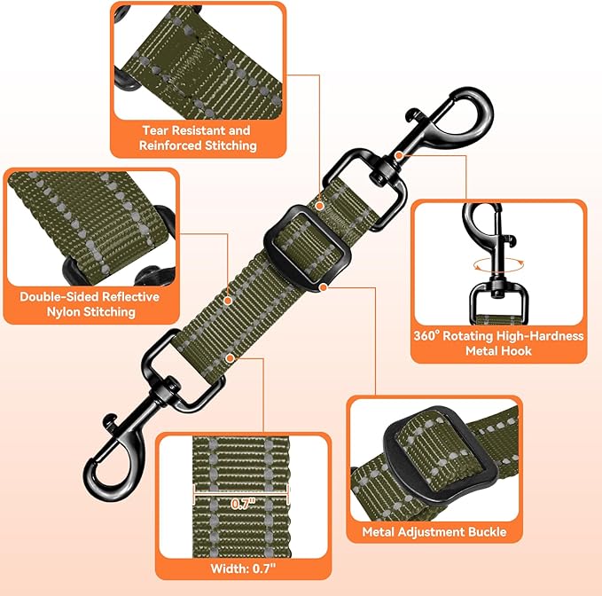 Dog Collar Safety Clip, Adjustable Backup Safety Strap, Double-Ended Leash Connector, High Reflectivity, Suitable for Dog Harnesses to Collar Safety Clips (Army Green)