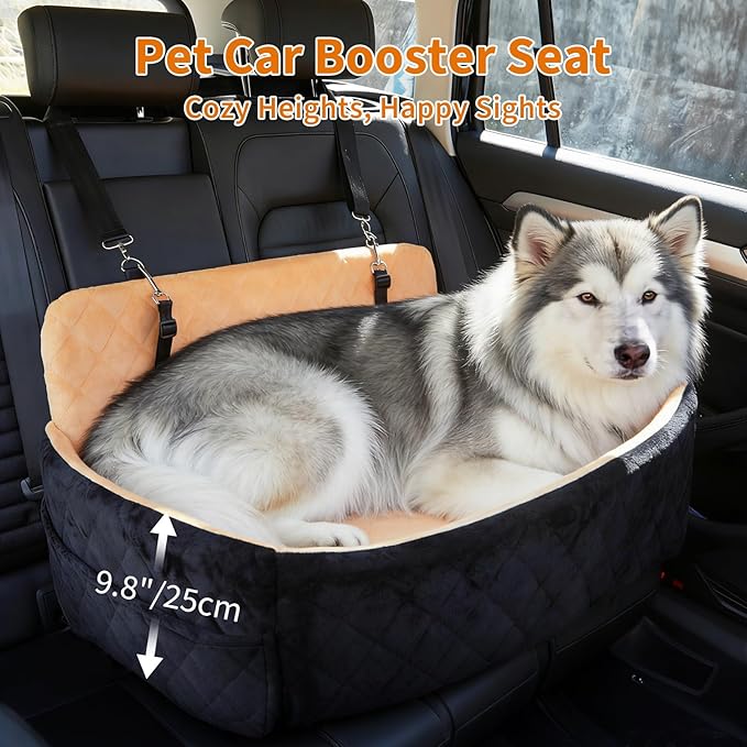 Dog Car Seat for Large Dogs Up to 55 lbs, Pet Booster Seat with Memory Foam, Non-Slip Washable Dog Car Bed with 2 Safety Leashes & Storage Pockets for SUV & Sedan