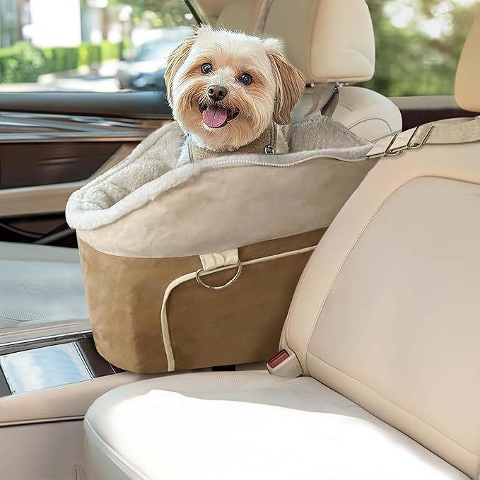 Console Dog Car Seat for Small Dogs – Portable Booster Seat with Safety Belt, Non-Slip Base, and Storage Pockets, Fits Dogs Up to 11lbs (Brown Frosted Velvet, Small)