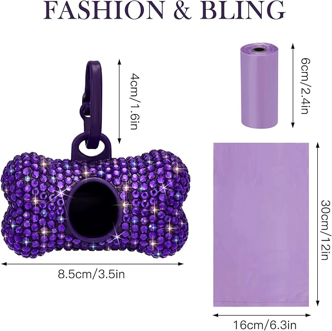 SAVORI Dog Poop Bag Holder Bling Crystal Dog Waste Bags Dispenser for Pet Dog Doggy with Carabiner Clip Includes 1 Roll 15 Bags (Purple)
