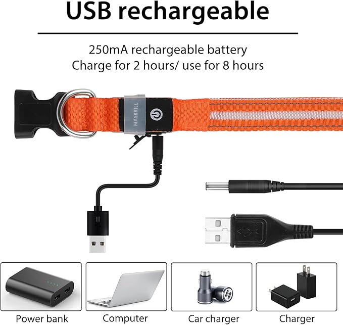 MASBRILL Led Dog Collar, Rechargeable Water-Resistant Flashing Glowing Night Safety Adjustable Illuminated Collar