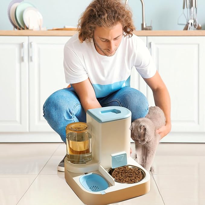 Gravity Pet Feeder and Water Dispenser Set,2 in 1 Automatic Pet Feeder Dispenser,Automatic Cat Food Dispenser, Detachable,Easy Clean,Integrated Large Capacity Dog 1L Water Bowl 2.8L Food Bowl