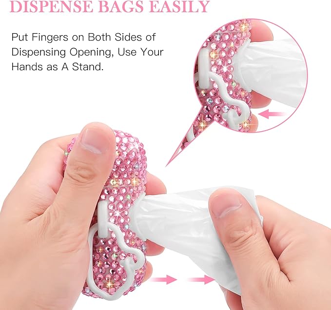 SAVORI Dog Poop Bag Holder Bling Crystal Dog Waste Bags Dispenser for Pet Dog Doggy with Carabiner Clip Includes 1 Roll 15 Bags (Pink)