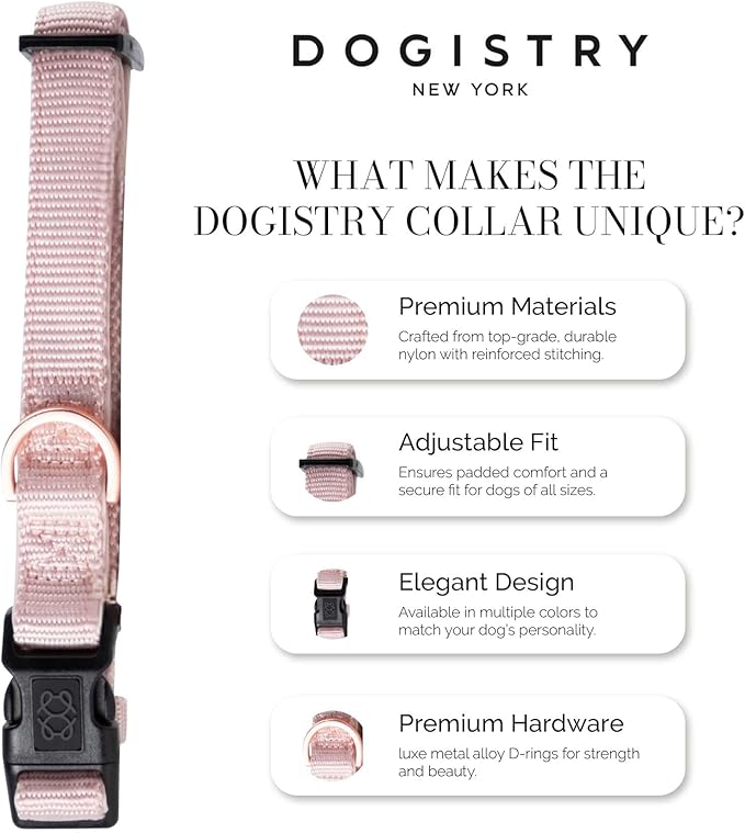 The DOGISTRY - City Collar - Blush - Premium Dog Collar with Padded Neoprene & Signature Fabric - Refined Design & Everyday Luxury - Medium