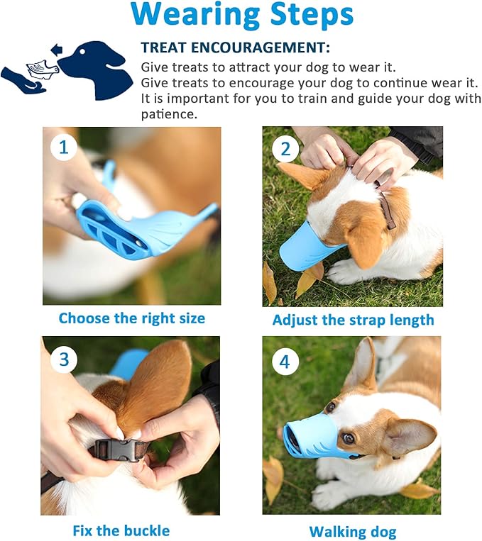 Dog Muzzle, Soft Duck Silicone Mouth Cover with Adjustable Strap for Small Medium Dogs, Best to Prevent Barking, Biting, and Chewing(Blue,S)