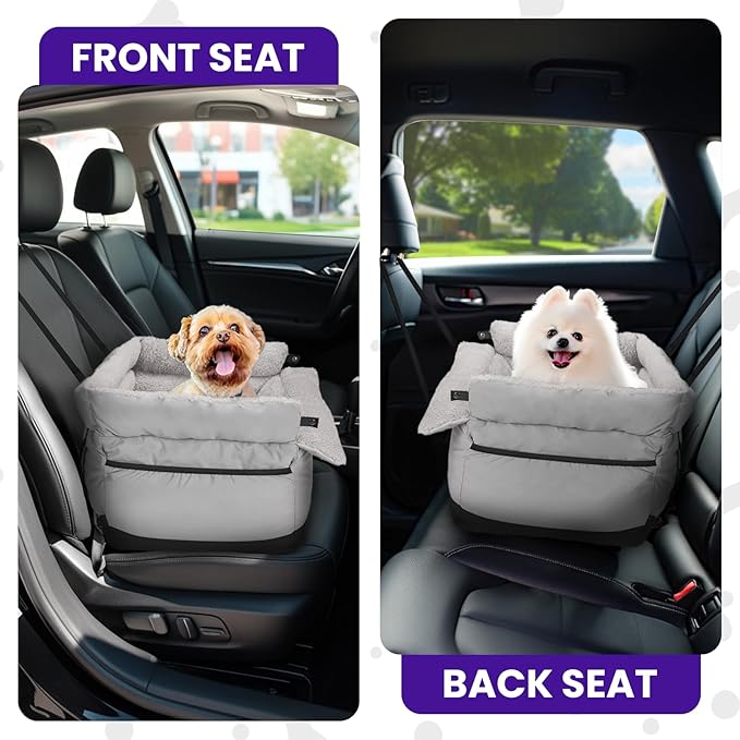 BurgeonNest Dog Car Seat for Small Dogs Under 25 lbs – Fully Detachable & Washable Pet Booster Seat with Safety Leash, Storage Pockets & Reversible Cushion, Portable Car Travel Carrier Bed, Grey