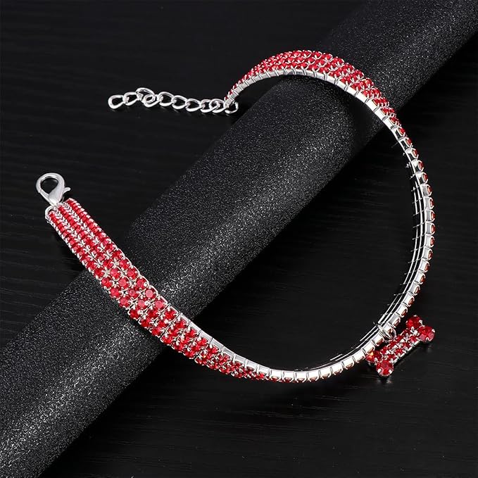 HANABASS Crystal Dog Collar Rhinestone Pet Collar with Mini Bone Pendant Red Large Size Adjustable Buckle Chain Necklace for Pet Dogs