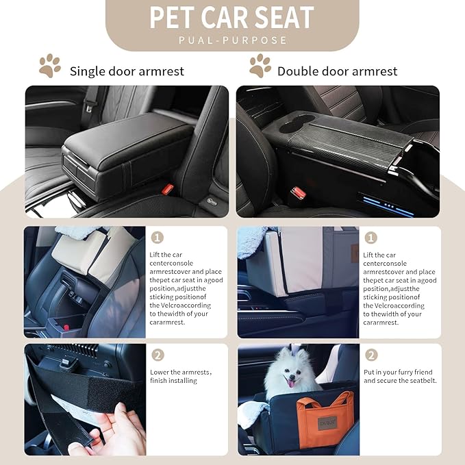 Center Console Dog Car Seat - Small Pet Car Seat for Puppies and Cats with Storage Pocket and Leash, Leather Waterproof Small Dog Seat with Portable Travel Shoulder Strap