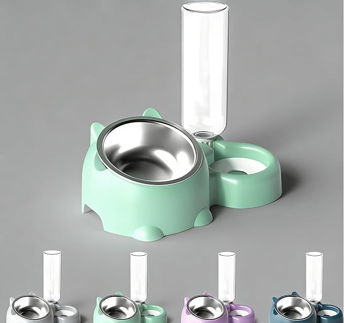 Cat Food and Water Bowl Set, Automatic Dog Dish Bowl with Water Dispenser, Removable Drinking and Eating Bowls, No-Spill Pet Feeder for Puppy, Medium Dogs & Cats (Green)