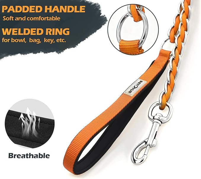 Chain Dog Leash Chew Proof Metal Leash for Medium Large Dogs, Chain Link Anti Chew 4FT Strong Anti Bite Comfortable Soft Padded Handle Orange 3.0