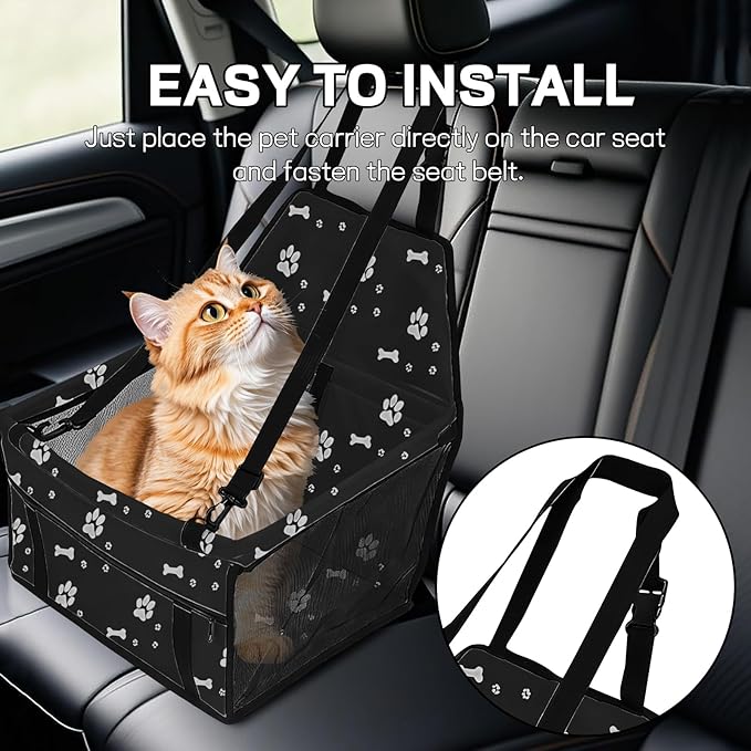 Wuyaoyao Pet Car Seat, Waterproof Breathable Oxford Cat Dog Car Booster Seat for Small Pets, Foldable Portable Vehicle Puppy Travel Basket with Seatbelt & Support Rod, for Pet Up to 22 lbs (Black)