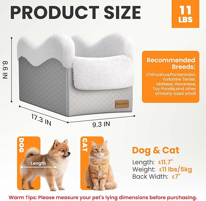 Portable Small Dog Seat for Car, Luxury Center Console Dog Car Seat Booster with Safety Tethers, Anti-Collapse Pet Travel Carseat for SUV, Truck (Light Grey/White)