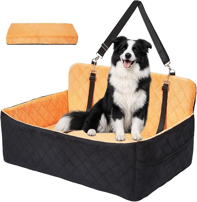 Dog Car Seat for Large Dogs Up to 55 lbs, Pet Booster Seat with Memory Foam, Non-Slip Washable Dog Car Bed with 2 Safety Leashes & Storage Pockets for SUV & Sedan