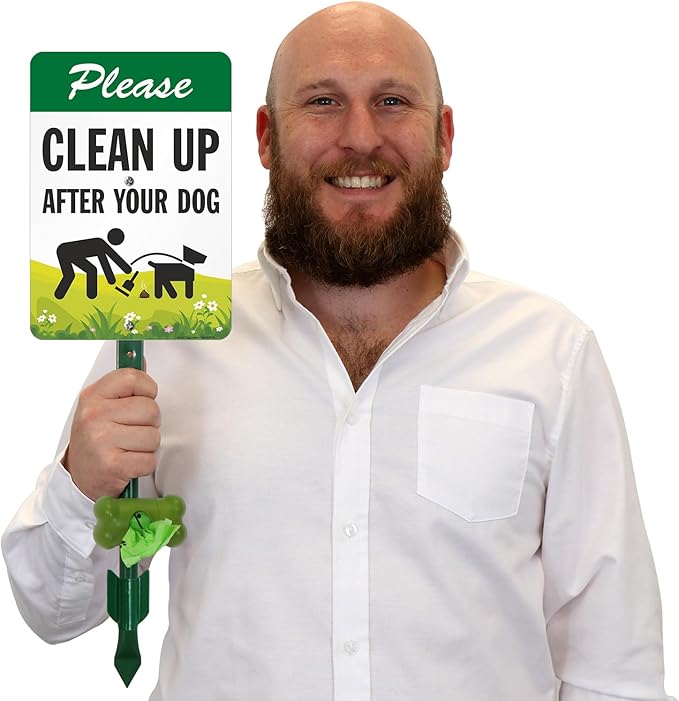 SmartSign Please Clean Up After Your Dog Yard Sign & Clip-On Dispenser Combo/Kit, 7"x10" Rust-proof Aluminum Sign with 18-inch Steel Stake, Compact Dispenser Preloaded with a 15 Dog Poop Bags Roll