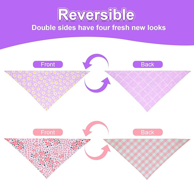 Summer Dog Bandanas Girl XLarge 2PCS, Purple Pink Daisy Scarf, Durable Triangle Reversible Spring Bibs Handkerchief for Puppy Pet