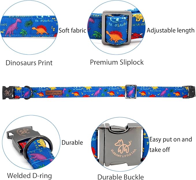 Elegant little tail Dog Collar, Blue Dinosaurs Pattern Pet Collar Durable Cute Dog Collars Male or Female Pet Gift Adjustable Dog Collar for Small Dogs