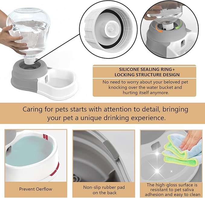 1 Gallon Automatic Dog Water Dispenser, Large Capacity Gravity Pet Water Bowl for Multiple Pets, BPA-Free Cat Water Feeder for Large Dogs, Refill Less Often, Grey