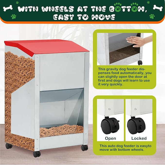 15 lb Automatic Dog Feeder for Large Breed with Wheels Galvanized Gravity Dog Food Dispenser Outdoor Pet Self Feeding, Easy to Move with Rolling Wheels