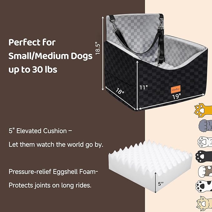 Dog Car Seat for Small Dogs, VibeBay Portable Booster Seat with Memory Foam, 2 Safety Belts, Removable Washable Cover, Storage Pocket & Anti-Anxiety Elevated Design for Medium Dogs Under 35 lbs