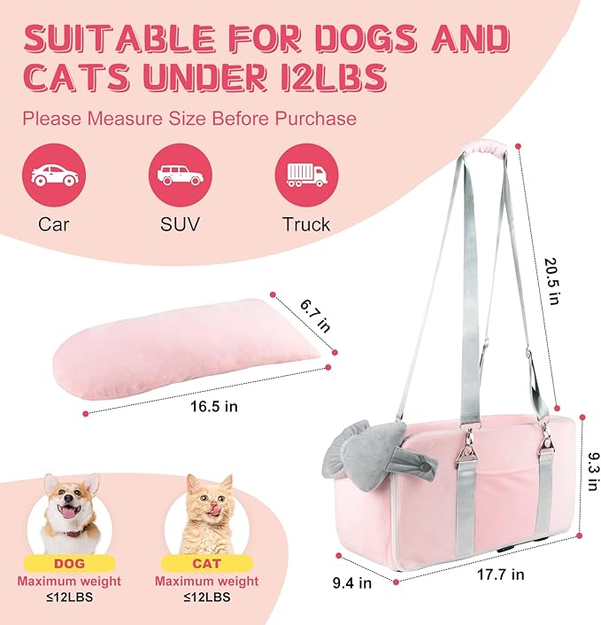 Center Console Dog Car Seat for Small Dogs Under 12lbs, Portable Middle Console Dog Booster Seat, Detachable Armrest Puppy Seat with Storage Pockets, Butterfly Pillow and Safety Leash(Pink)