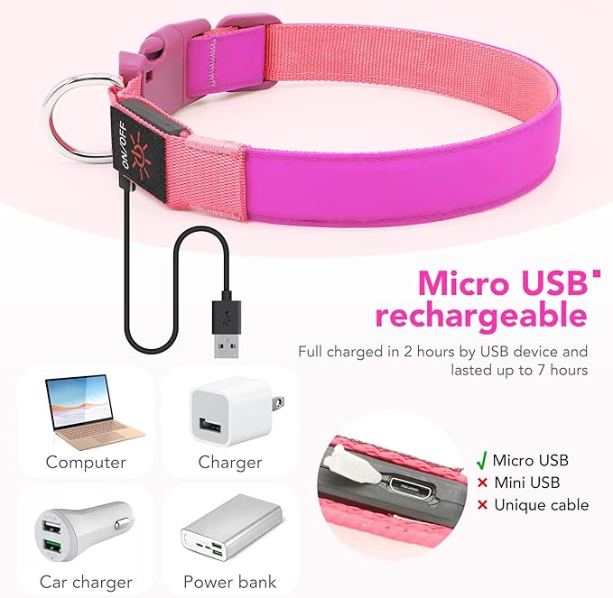 LED Dog Collar Light Up Dog Collars Red Light USB Rechargeable, Adjustable Size Heavy Duty TPU Nylon Webbing Glow Safety Basic Dog Collars for Large Medium Dogs (M,Candy Pink)