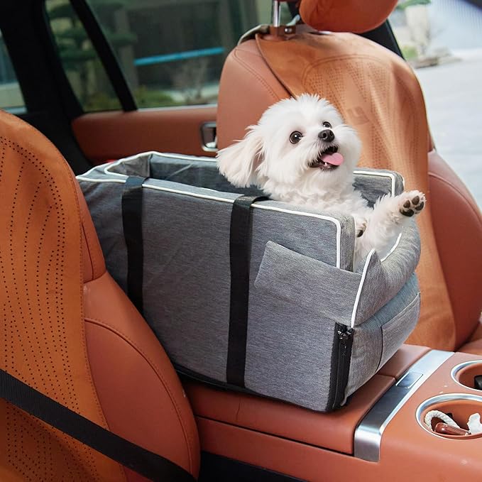 Dog Car Seat for Small Dogs - Portable Center Console Booster Seat with Anti-Collapse Design & Safety Tethers, Pet Travel Carseat Up to 15 lbs- Black