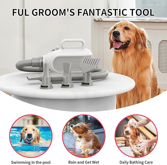 High Velocity Dog Hair Dryer for Pet Grooming – 150 MPH Airflow, Adjustable Temperature, and 3 Nozzles for Efficient Drying of Dogs, Cats, and Furry Friends