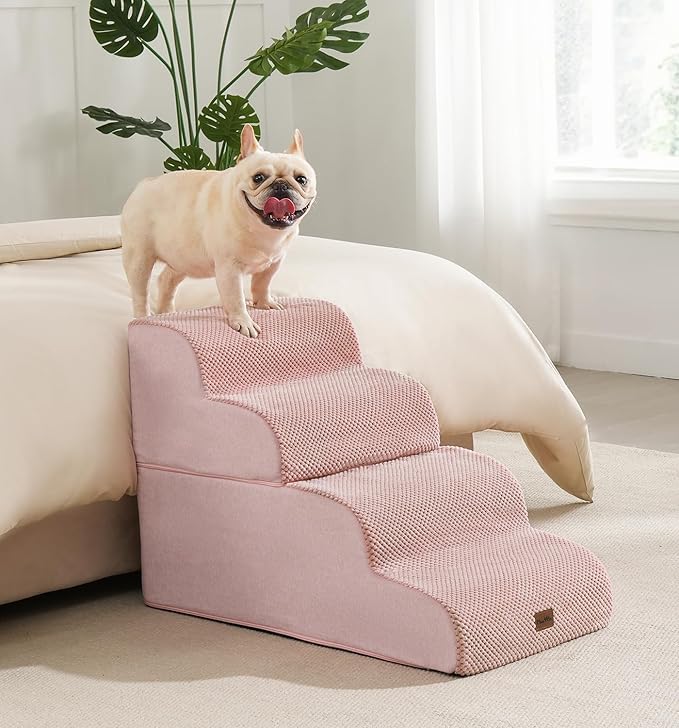 Made4Pets Dog Stairs Ramp for Bed 19.7" H, 4-Step Dog Steps for High Bed Couch Sofa Climbing, 35D Foam Pet Steps for Small Dogs and Cats, Non-Slip Bottom Pet Stairs, Pink