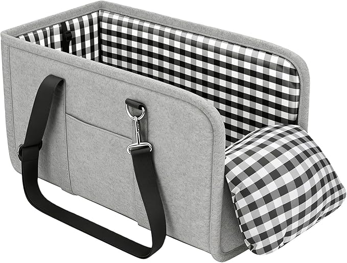 Center Console Dog Car Seat for Small Dogs Up to 11lbs Anti-Collapse Armrest Booster Seat with Headrest Stabilizing Straps Portable Pet Carrier Bag Travel Safety Kennel with Internal Tether (Grey)